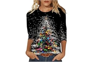 Womens 2025 Christmas Shirts Holiday Crew Neck 3/4 Length Sleeve Xmas Tree T-Shirts Plus Size Graphic Tee Tops