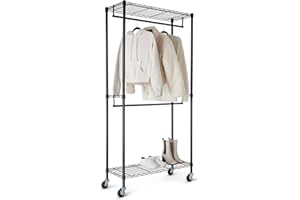 �鶹�� Basics Adjustable, Double Hanging Rod Garment Rolling Closet Organizer Rack with Wheels, Heavy Duty, Black, 36'' x 14'