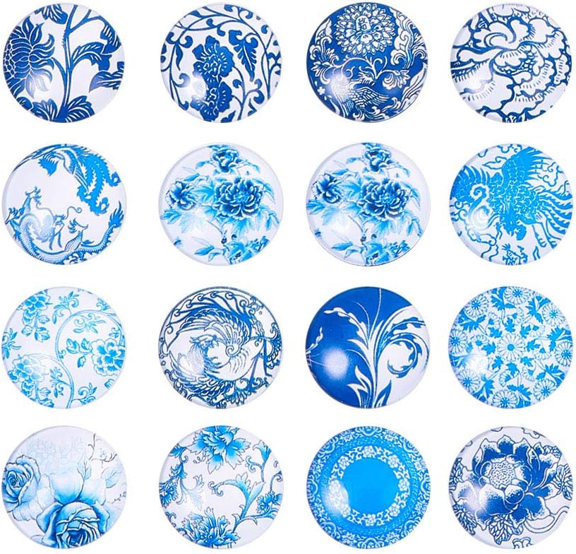 Pandahall About 50pcs 25mm Mixed Color Printed Half Round/Dome Glass Cabochons Blue and White Floral Mosaic Tile for Photo Pendant Jewelry Making