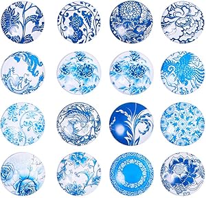 Pandahall About 50pcs 25mm Mixed Color Printed Half Round/Dome Glass Cabochons Blue and White Floral Mosaic Tile for Photo Pendant Jewelry Making