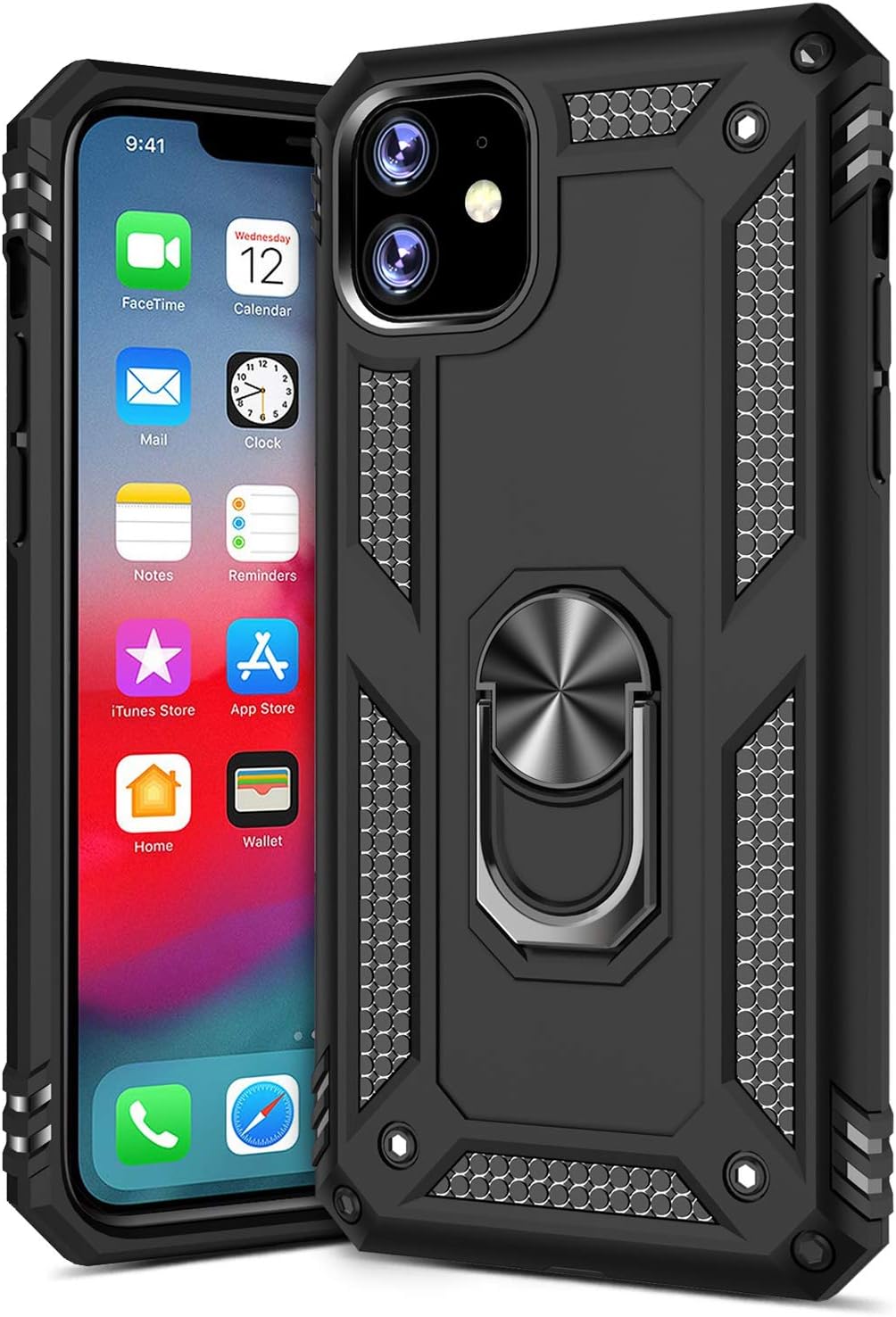 GREATRULY Ring Kickstand Phone Case for iPhone 11 6.1 Inch (2019),Heavy Duty Dual Layer Drop Protection Case,Hard Shell + Soft TPU + Ring Stand Fits Magnetic Car Mount,Black