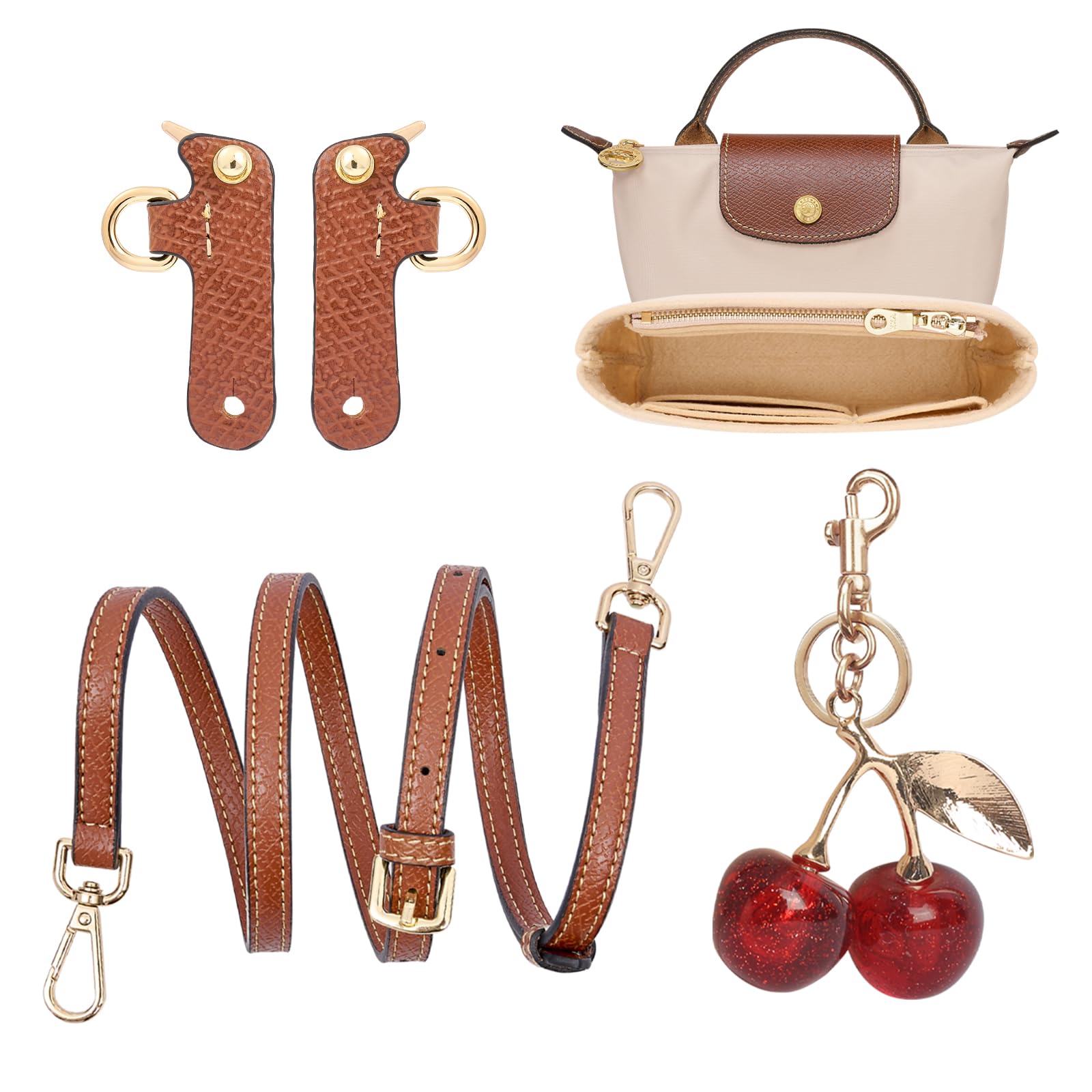Gastinsave Purse Straps Replacement with Multi-Pocket Felt Handbag Organiser Insert Cherry ornament Compatible with Longchomp Mini Pouch Tote Bag