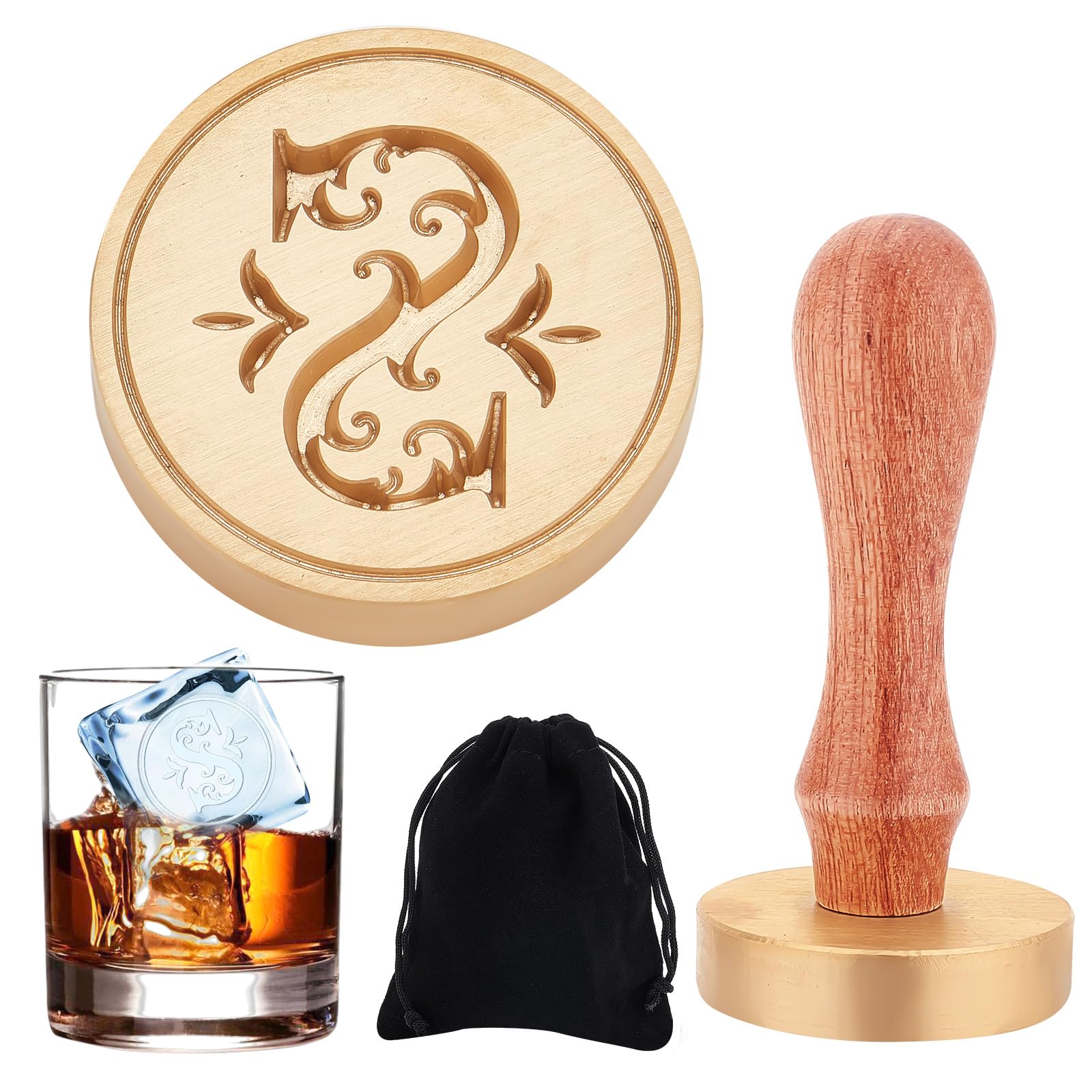 CRASPIRE Ice Stamp Initials Ice Stamps Letter S Ice Cube Stamp Personalized with Removable Brass Head and Wood Handle Ice Branding Stamp for Cocktail Mojito Bar Drinks