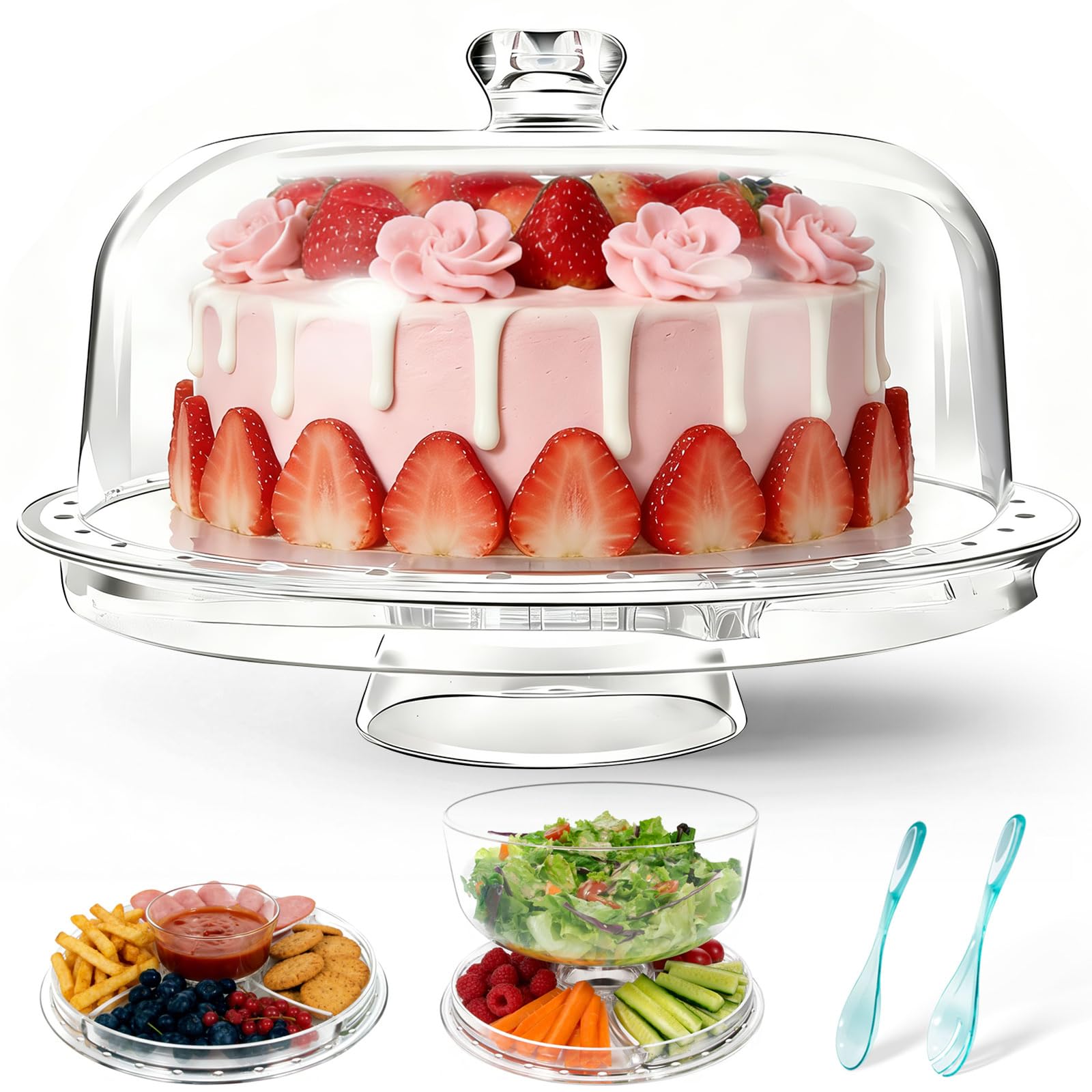 MASTERTOP Cake Stand with Dome Lid, 6 in 1 Clear Acrylic Cake Stand for Cake Display, Mutifunctional Cake Dome Platter for Fruit,Snack,Candies and Salad, Cake Display Stand for Party,Birthday,Dinner
