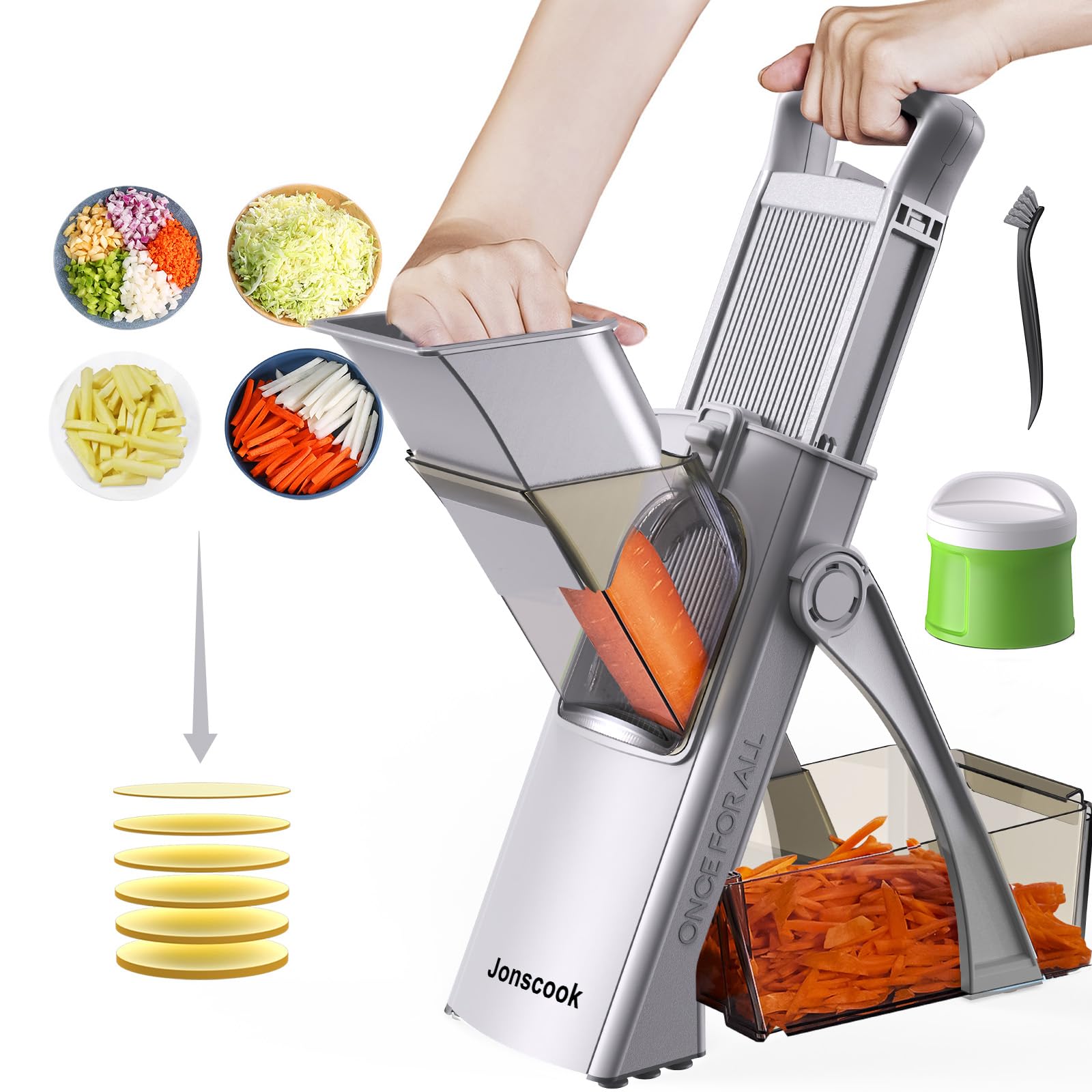 Photo 1 of *USED/DAMAGED** Jonscook All-in-1 Upgraded Safe Mandoline Slicer for Kitchen, with Handheld Spiralizer, Food Chopper with Container, Thickness Adjustable Vegetable Chopper, Potato French Fry Cutter (High-grade Gray)