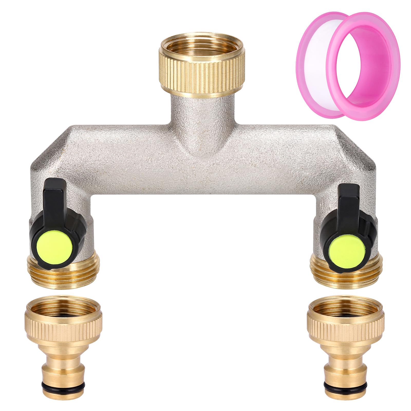Zocipro Brass Outside Tap Splitter 2 Way, 3/4" Garden Tap Splitter Connection with 2 Individual Valves & Faucet Adapter, Outdoor Tap Connector for Garden Kitchen Faucet, Watering System