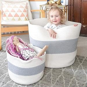 HAN-MM XXXL Cotton Rope Basket Extra Large Storage Baskets, 2PCS Laundry Baskets, Blanket Woven Basket(Large Size 21.7"X16" Small Size 12"x8") - Carry Handles for Towel,Toys Grey and Off-White