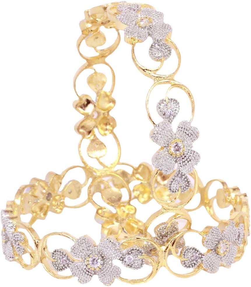 SANARA Bollywood Zircon Made Gold Plated Flower Design American Diamond Bangle Bracelet Set Indian Jewelry
