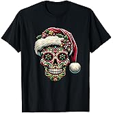 Christmas Sugar Skull Santa Hat Day Of The Dead Xmas Holiday T-Shirt