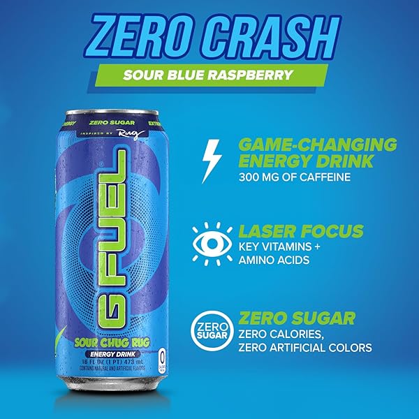 G FUEL ENERGY DRINK, SOUR BLUE RASPBERRY, SUGAR FREE BEVERAGE WITH 300MG CAFFEINE, DAILY ENERGY BOOST WITH FOCUS AMINO, VITAMIN + ANTIOXIDANTS, 16 OZ CANS (CHUG RUG, 12-PACK)