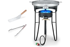 COOKAMP 23" Heavy Duty Stainless Steel Concave Comal Set with High-Pressure Propane Burner Stove and Burner Stand, Discada Disc Cooker, Great for Backyard and Outdoor Cooking -SA1800