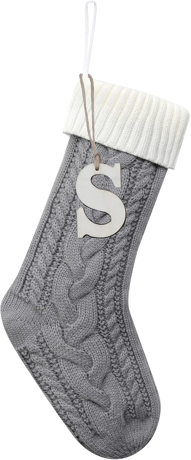 Stockings & Holders - Sxmder 19 Inches Personalized Grey Cable Knitted Christmas Stockings, Large Knitted Christmas Stockings with Wooden Letter Tag for Holiday Christmas Party Family Decor (Letter S)