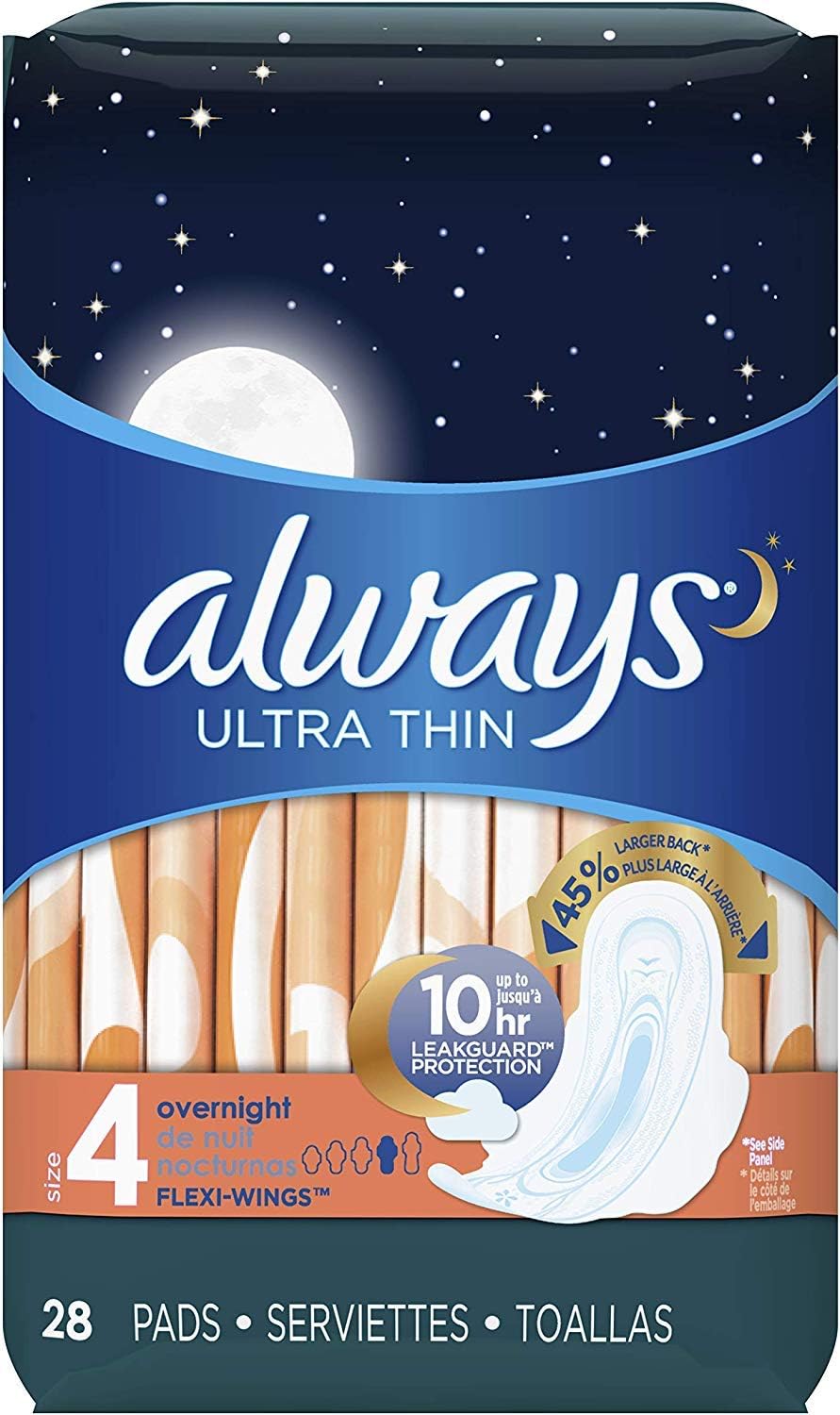 Always Ultra Thin Feminine Pads with Wings for Women, Size 4, 84 Count, Overnight Absorbency, Unscented, (28 count, Pack of 3 - 84 Count Total): Health & Personal Care