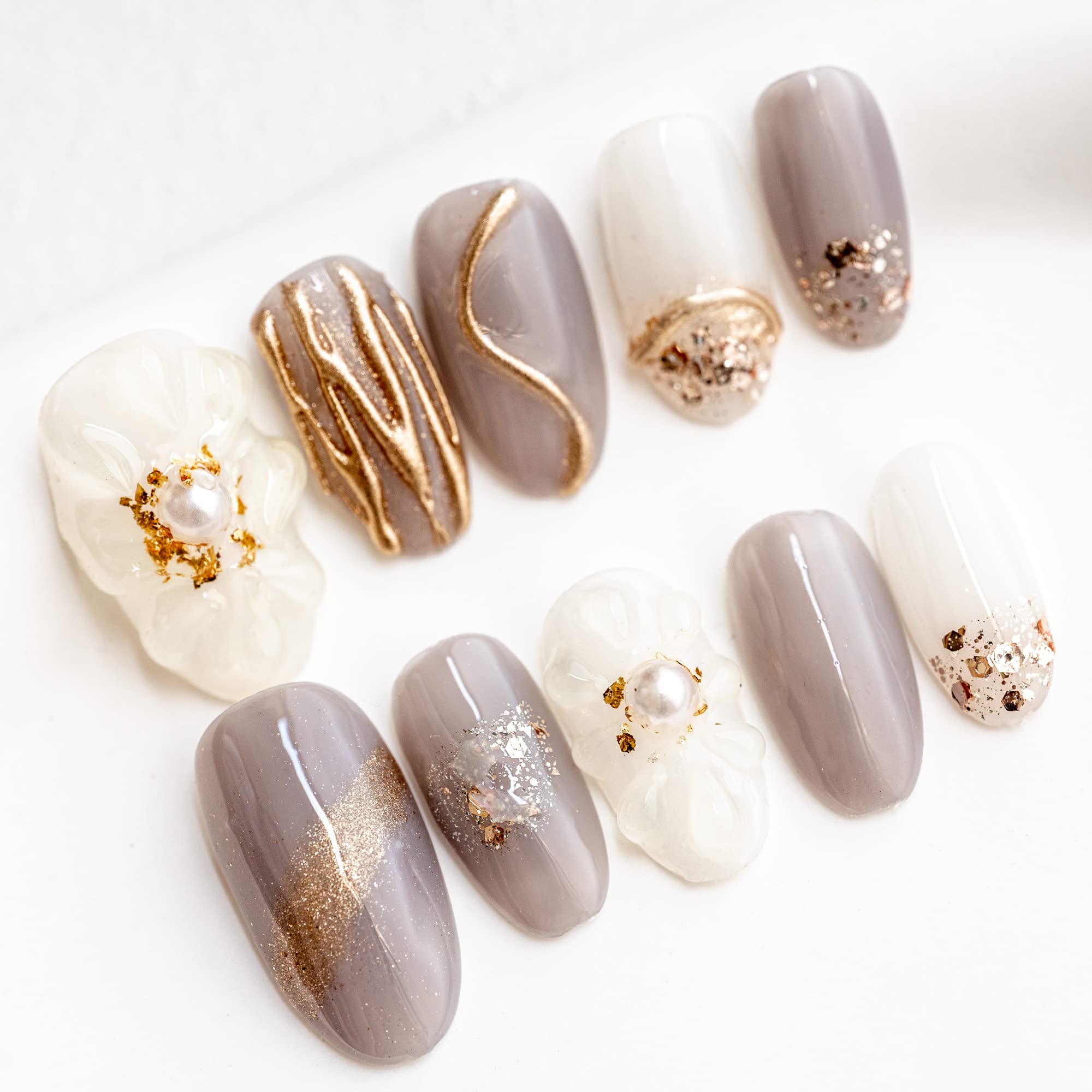 Sun&Beam Nails Handmade Press On Nails Medium Oval Taupe Cream Gold Pearl Foil Glossy 10 Pieces Easy Manicure for Everyday Wear and Going Out (#014 L)