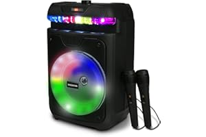 Singsation Portable Karaoke Machine, Two Microphones, 5.0 Bluetooth, 8" Driver Loudspeaker, Remote Control and LED Lights, Rechargeable, USB and Micro SD Music File Reader, AUX and FM for Party
