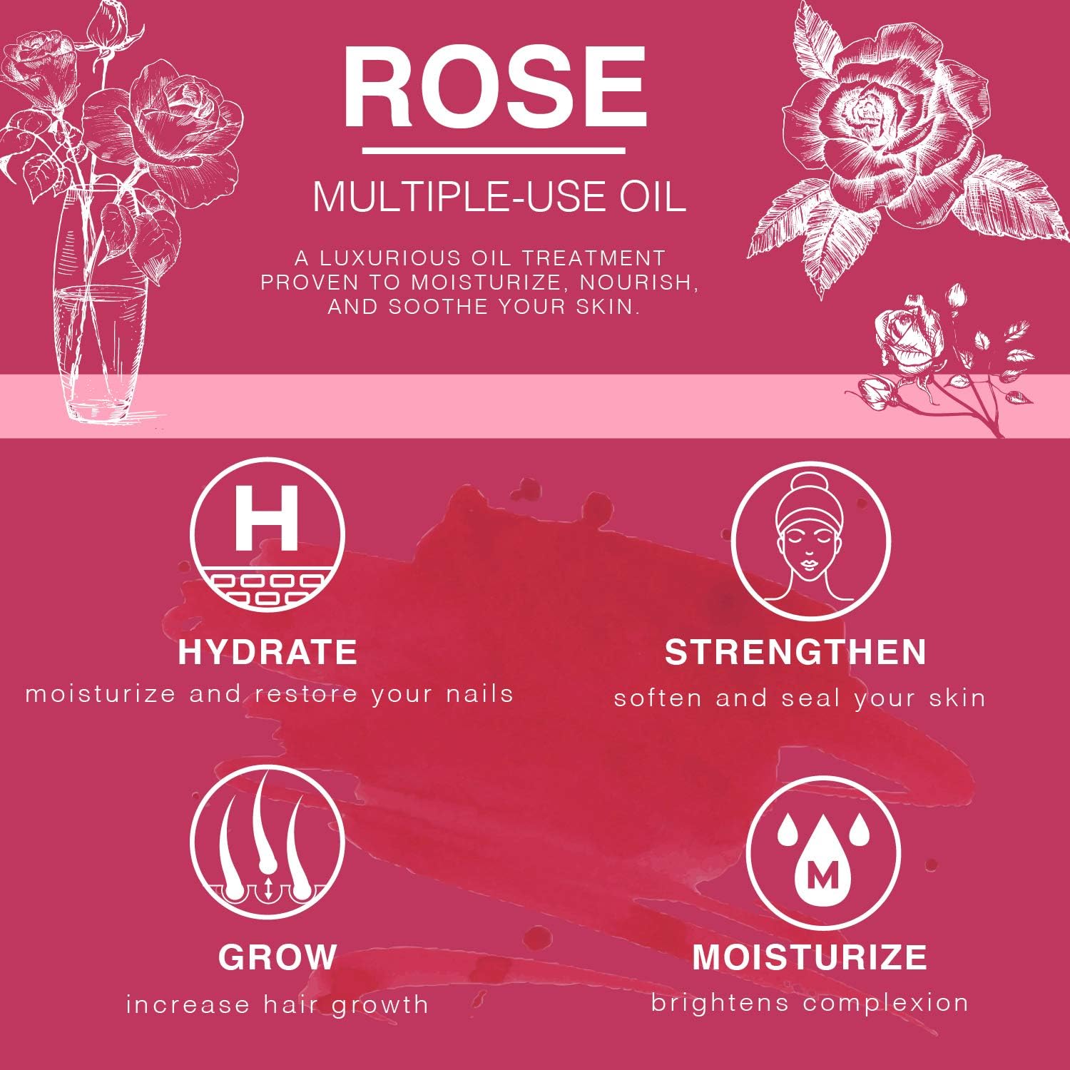 Rose Multi-Use Oil for Face, Body and Hair - Organic Blend of Apricot, Vitamin E and Sweet Almond Oil Moisturizer for Dry Skin, Scalp and Nails - Rose Petals, and Bergamot Essential Oil - 4 Fl Oz : Beauty