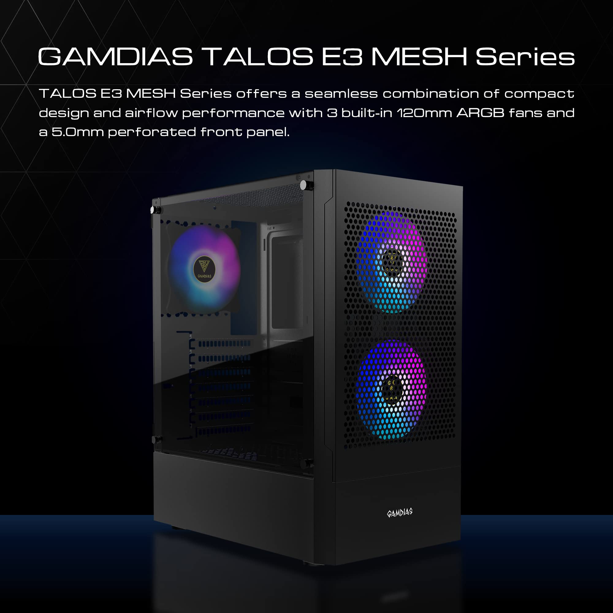 GAMDIAS Gaming ATX Mid Tower PC Computer Case with Tempered Glass, 3 Built-in 120mm ARGB Desktop Case Fans, Support Up to 360mm AIO/Radiator, 5x 120mm Fans, 300mm GPU/VGA, 150mm PSU & 160mm CPU Cooler