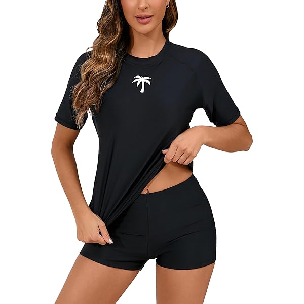 Halcurt Womens Swim Shorts and Shirt Set Sleeves Rash Guard