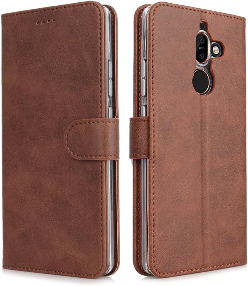 CRESEE Nokia 7 Plus Case, Flip Leather Wallet Case, Slim Thin Fit Magnetic Buckle Cover with Card Slot View Stand Silicone Soft TPU Shockproof Case Cover for Nokia 7 Plus (Brown)