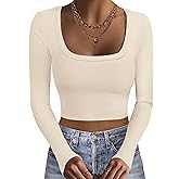 Ekouaer Womens Long Sleeve Square Neck Crop Top Ribbed Slim Fitted Going Out Y2K Tops Casual Basic Shirts Tee