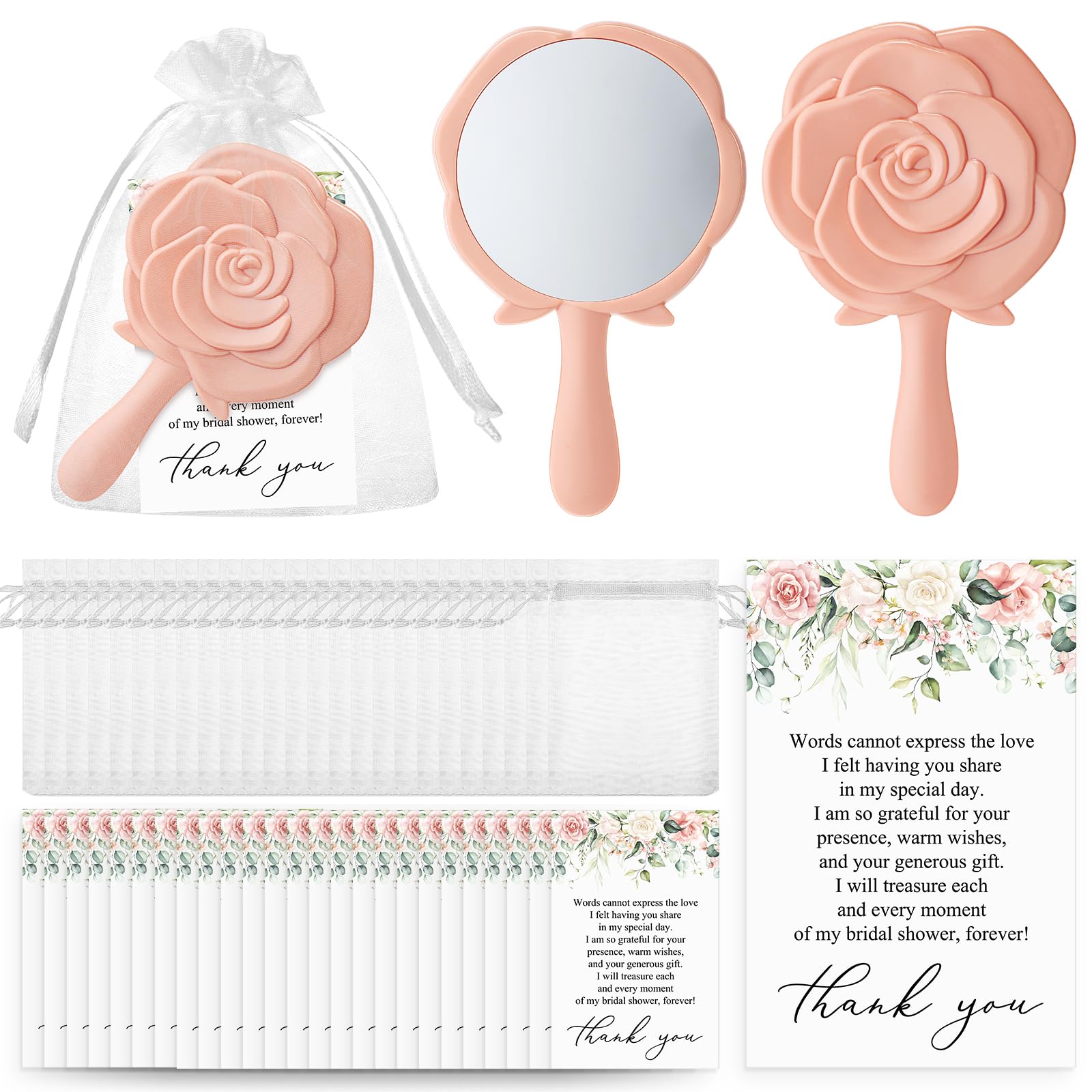 Photo 1 of Wenqik 24 Sets Bridal Shower Favors Rose Compact Mirrors Bulk Wedding Favors for Guests Rose Compact Handheld Mirrors with Thank You Cards and Organza Bags Wedding Party Guests Souvenir Gifts (Pink)