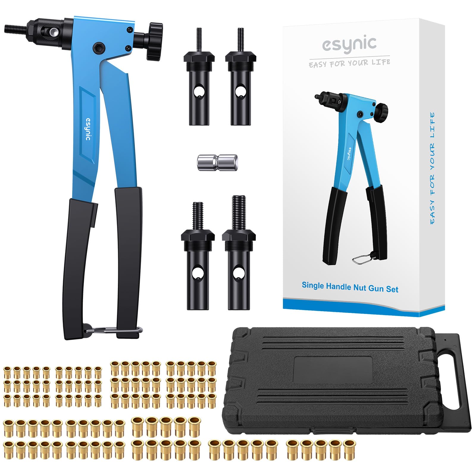 eSynic Rivnut Tool Kit 10" Riv Nut Gun Set with 4 Mandrels & 100Pcs M3 M4 M5 M6 Blind Rivet Nuts Alloy Steel Hand Nut Riveter with Carrying Case for Auto Repairs, Metalworking, Households etc