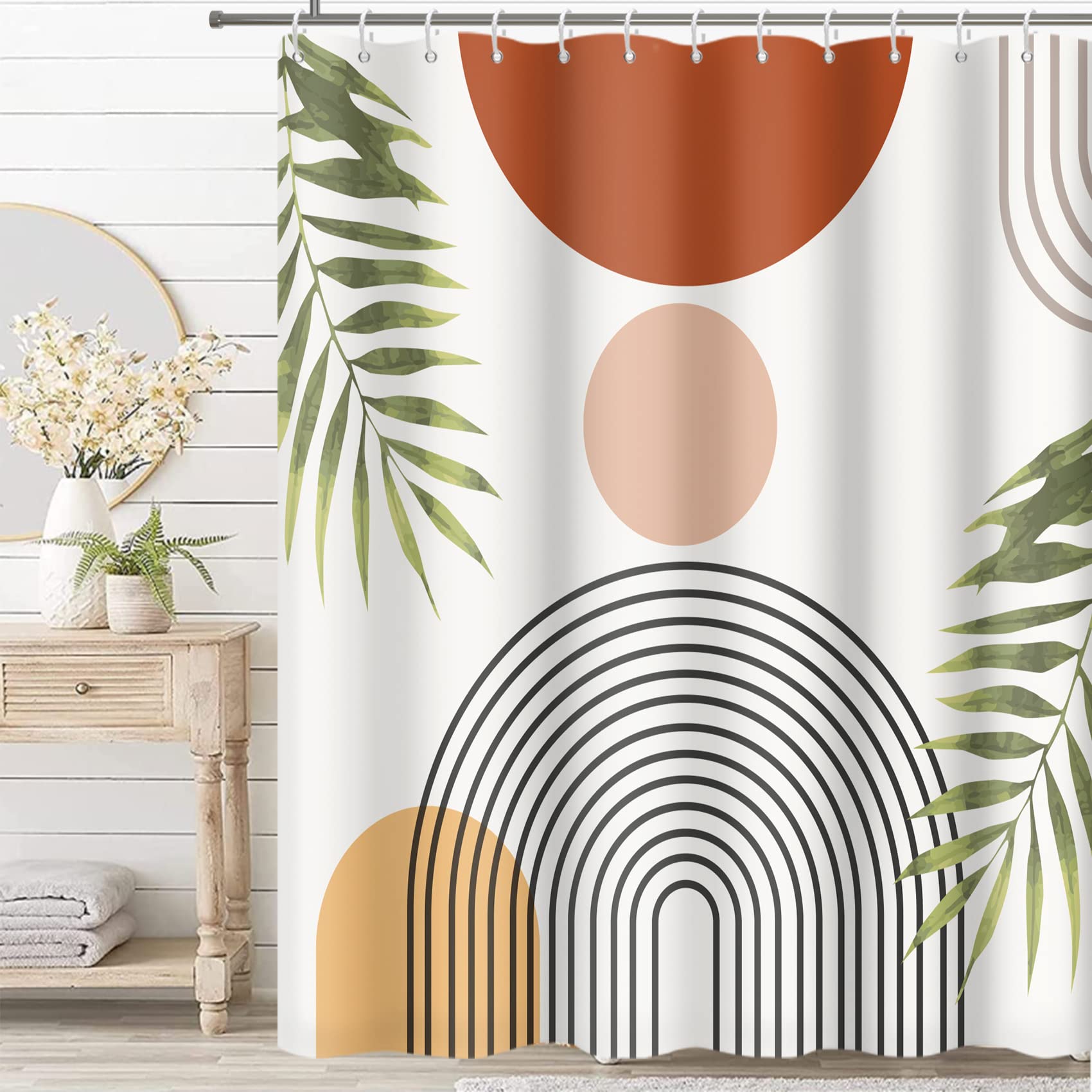 MIRRORANG Boho Abstract Shower Curtain with 12 Hooks, Fabric Mould Proof Resistant for Bathroom, Leaves Plant Modern Shower Curtain 100% Polyester (180 x 180 cm) — image 1