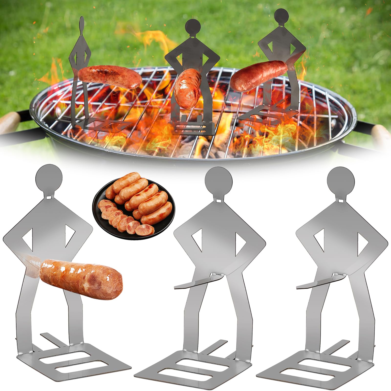 3Pcs Funny Hot Dogs BBQ Tools, Stainless Steel BBQ Sausage Holder, Gifts for Men, Camping Gifts for Men Dad Husband