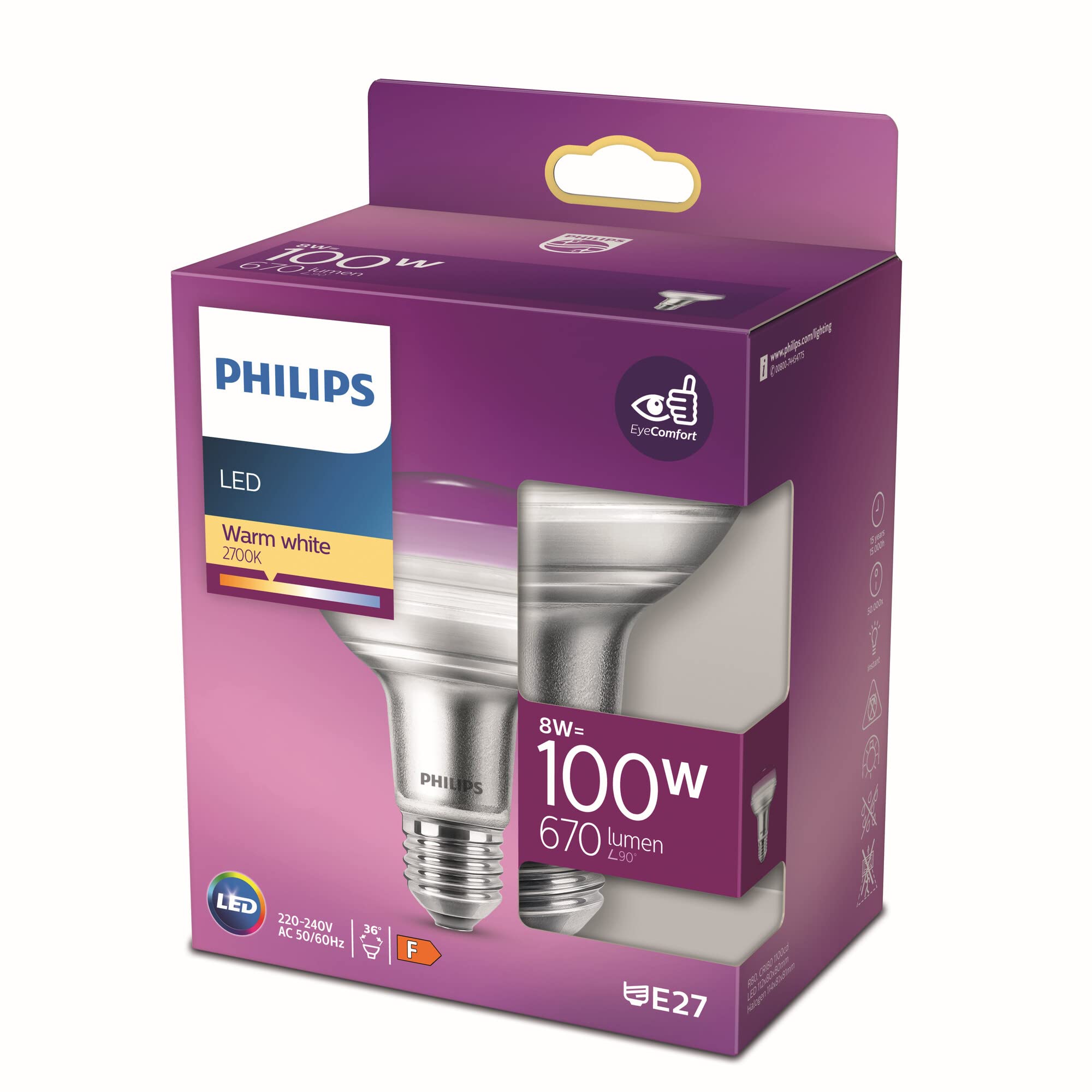 Philips Reflector Reflector, 8 W, 100 W, E27, 670 lm, 15000 h, Warm white