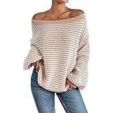 SKAYS Off The Shoulder Sweater Fall Striped Pullover Knit Sweaters for Women Long Sleeve Lightweight Drop Shoulder Tops
