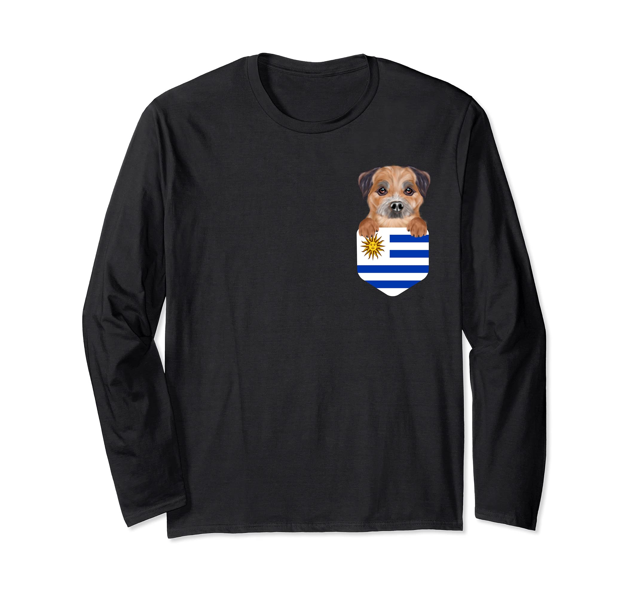 Uruguay Flag Border Terrier Dog In Pocket Long Sleeve T-Shirt
