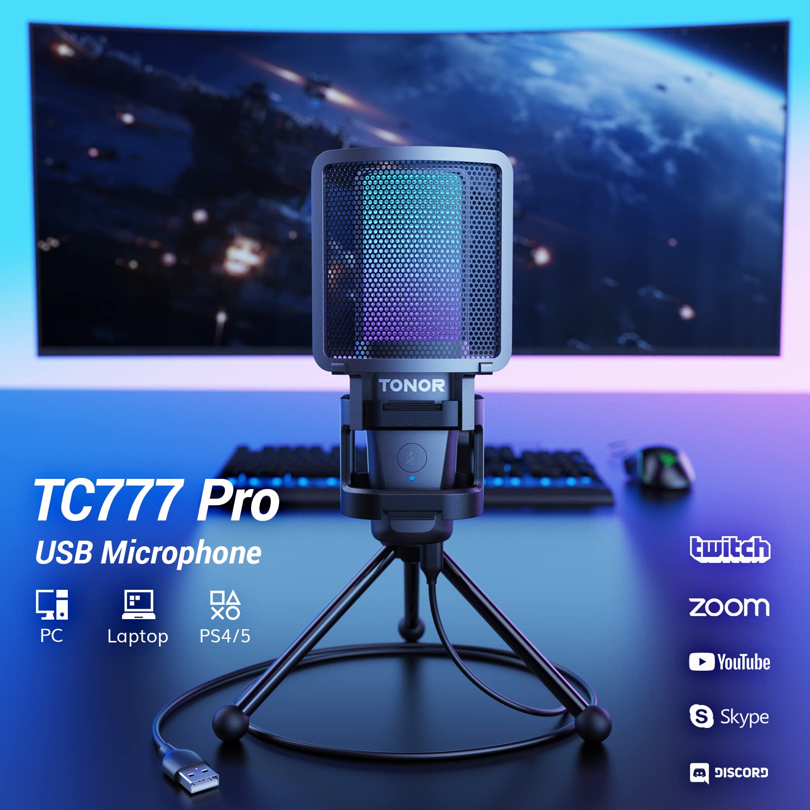 TONOR Gaming USB Microphone for PC, RGB Condenser Computer Mic with Tripod Stand, Quick Mute, Gain Control, for Gaming, Streaming, Podcasting, Recording, Cardioid Mic Kit for Laptop/PS4/PS5 TC777 Pro