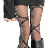 Women's Shimmering Sparkly Tights with Criss-Cross Strap Pattern, Black and Silver Glitter Hosiery Stockings Party Pantyhose
