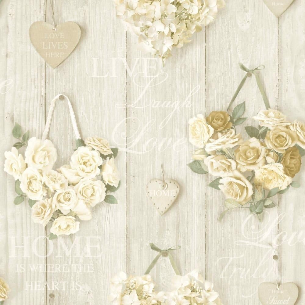 Roses Wallpaper Flower Floral Bouquet Hearts Wood Panel Cream