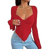 Avanova Women's Long Sleeve Square Neck Crop Top Twist Front Asymmetrical Shirt