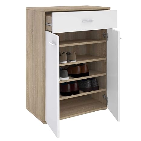 CARO-Möbel Schuhschrank Grenoble Schuhkommode Schuhablage mit 1 Schublade und 2 Türen, 4 Einlegeböden in Sonoma Eiche/weiß