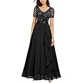 Miusol Women's Classy V-Neck Ruffle Floral Lace Hem Trim Sequined Maxi Bridesmaid Dress