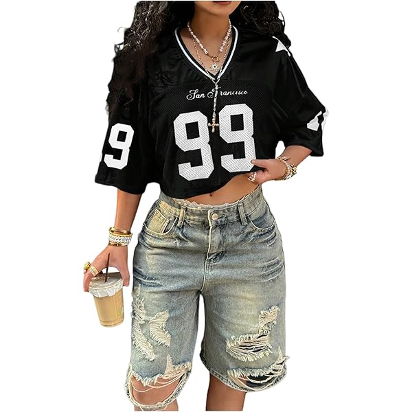 RoseSeek Jersey Shirts for Women Number Print V Neck Mesh Cropped