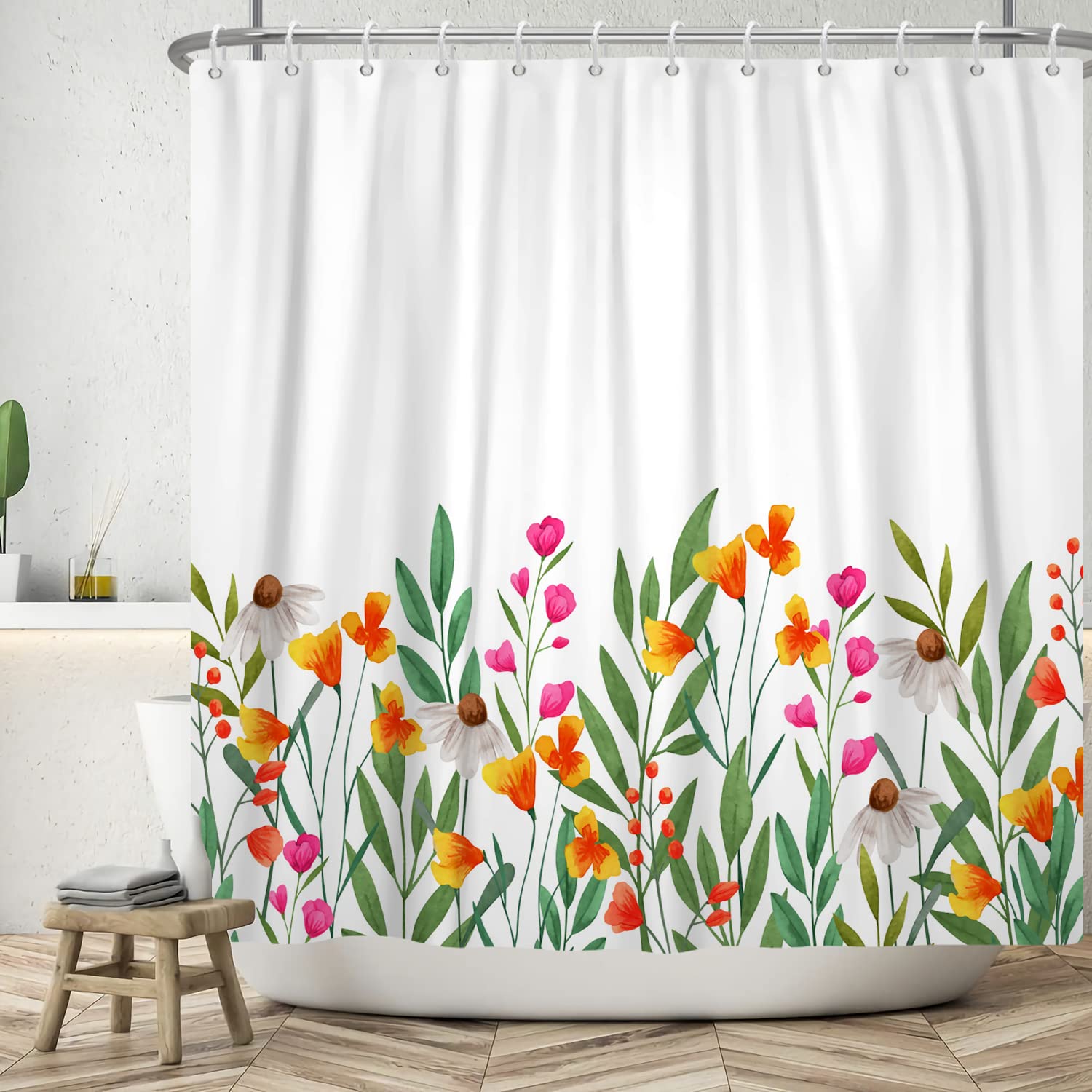 Bovlleetd 60x72inch Flower Shower Curtain Plant Floral Bath Curtain Simple Elegant Bathroom Decorative Curtain Waterproof Bathtub Curtain Spring Scene Shower Curtains with Hook — image 1