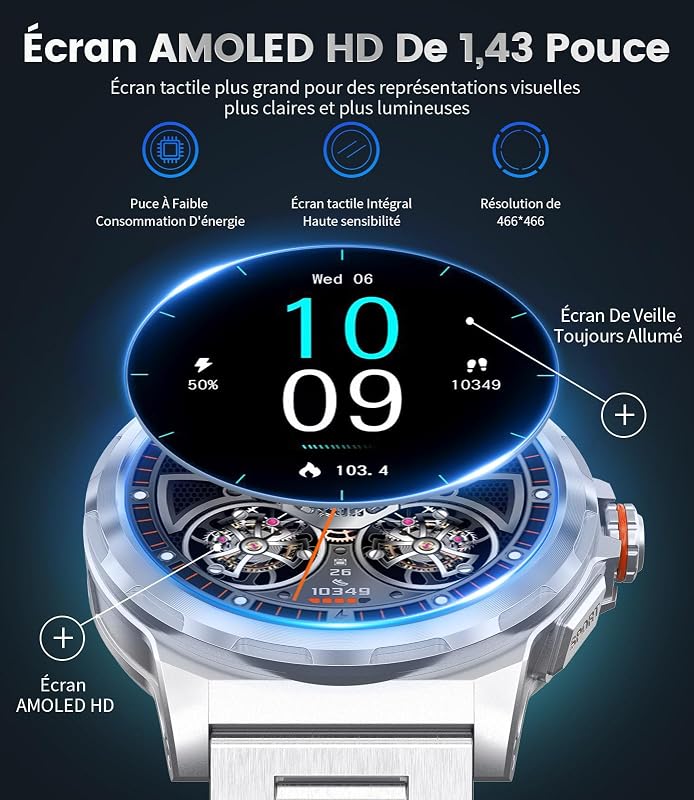 Smartwatch für Herren, Militär, mit Bluetooth-Anruf, 1,43 Zoll AMOLED Smartwatch mit 3 Armbändern, wasserdicht 5 ATM, 110 + Sportmodi, Herzfrequenz / SpO2/Schlafüberwachung, Android iOS — Foto 2 von 8