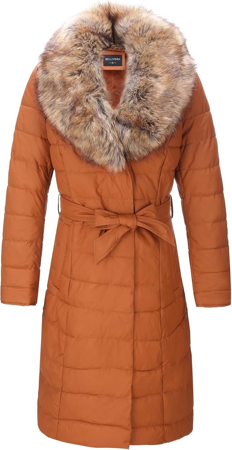 Bellivera Faux Leather Puffer Padding Long Jacket,Women Winter Bubble Coats with Detachable Faux Fur Collar: Clothing
