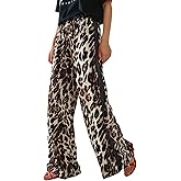 Charfille Women's Casual Pants Drawstring Leopard Print Color Block Side Striped Straight Leg Wide Leg Loose Pants