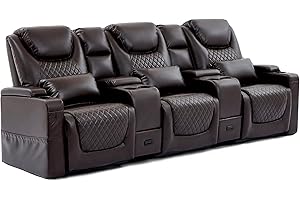 AZXZCS Home Theater Seating, Loveseat Recliner Sofa PU Leather with Central Console and 3 Pillows, Wall Hugger Recliners & 135° Reclining Theater Seats (Row of 3,Brown)