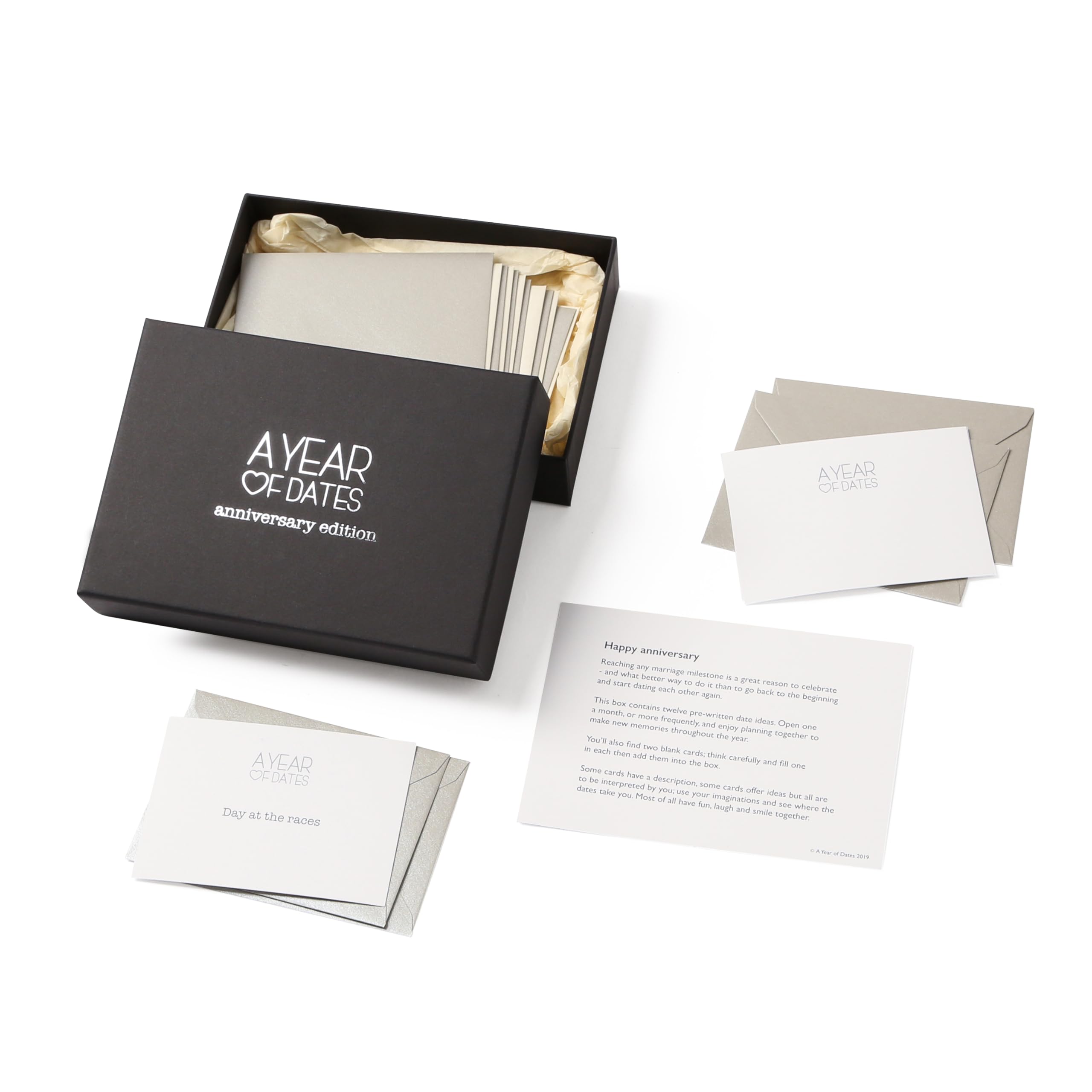 A Year Of Dates - 25th Anniversary Edition. Date Ideas for Couples in 12 Sealed Silver & Cream Envelopes in Presentation Gift Box. Thoughtful Gifts for Couples on Silver Wedding Anniversary.