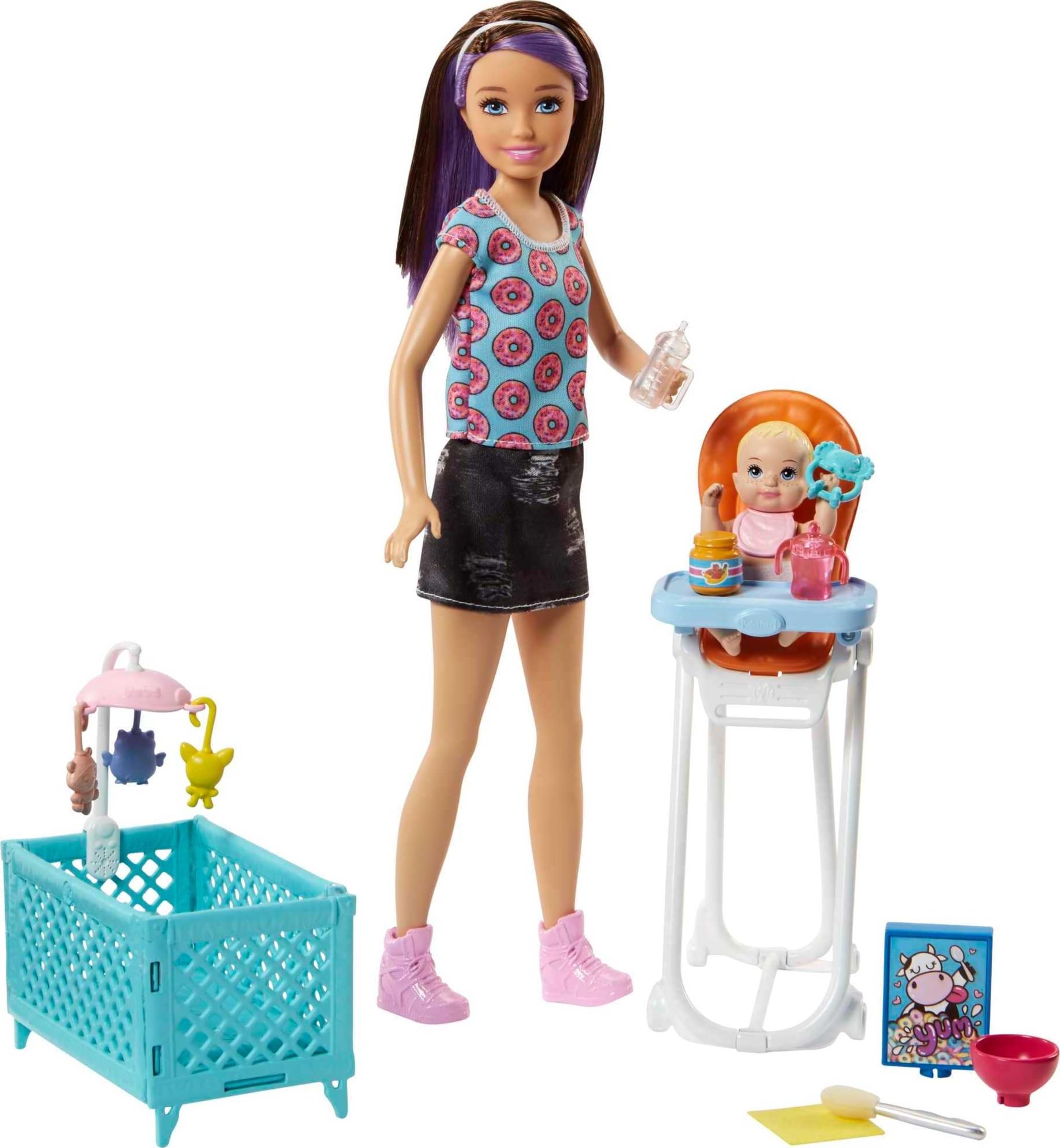 Barbie FHY98 FAMILY Babysitter Brunette Doll with Baby and Accessories, with A Highchair Playset, Multi-Colour, 0