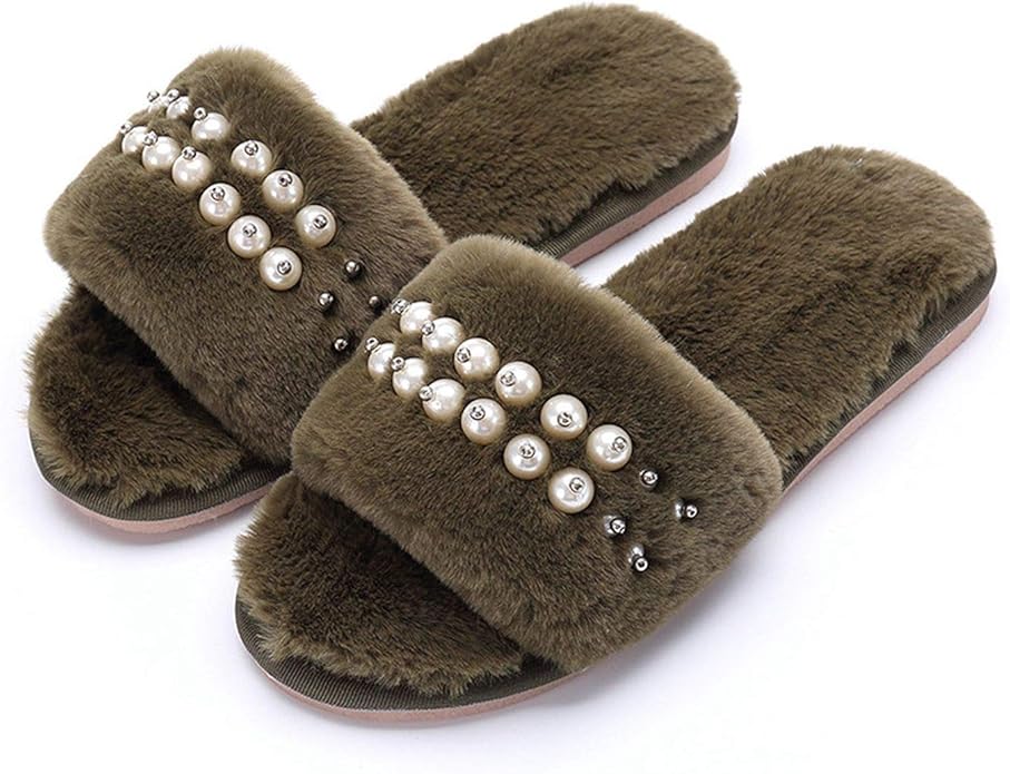 Amazon.com | Women Slippers Pearl Comfortable Slippers Winter Warm Home Slippers Flat Plush 