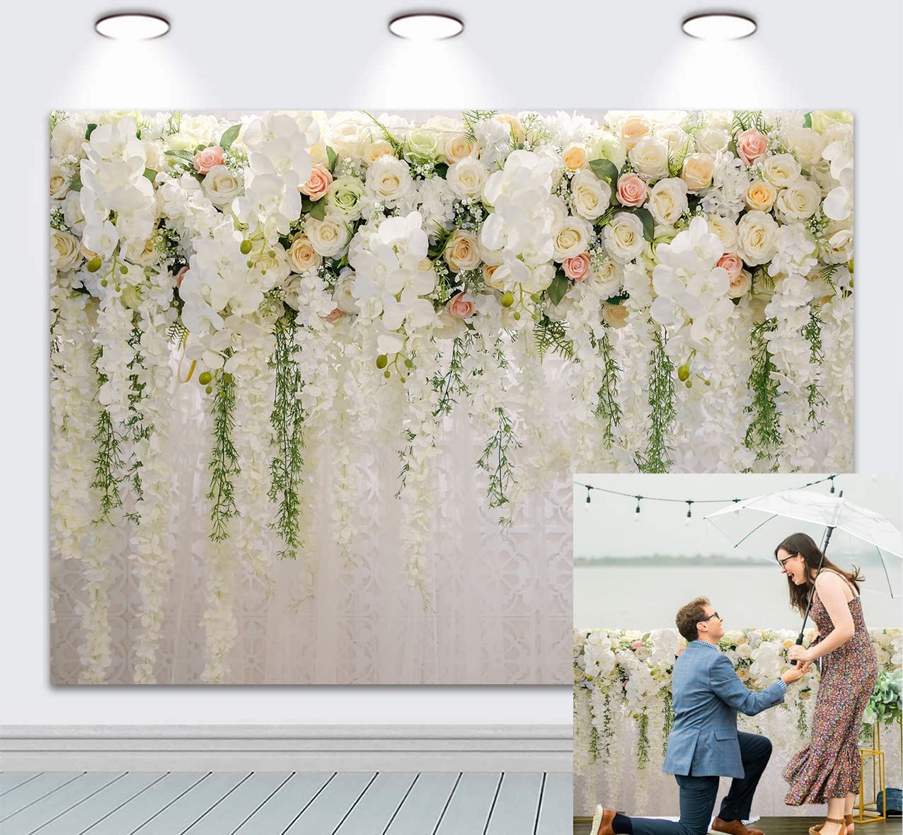 3m x 2.4m White Flower Wedding Backdrop Curtain Bridal Shower Background Rose Floral Photography Backdrop for wedding reception Baby shower Decoration Supplies (10X8FT)