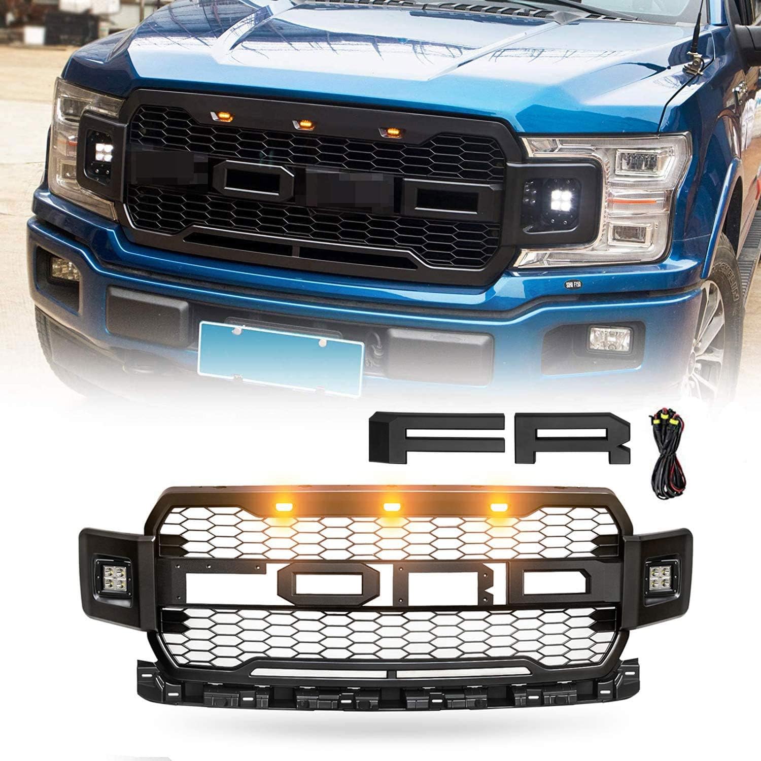 LED Raptor Style Grille, Front Radiator Racing Mesh Grill with 3 Amber Lights with Wiring Harness Kits and 2 Side LED Lights, for Ford F-150 2018 2019 2020