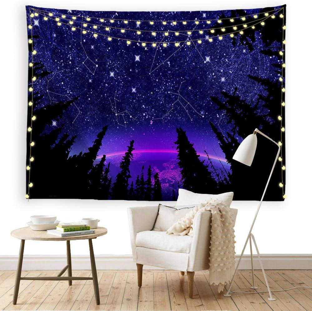 ORTIGIA Forest Starry Tapestry Wall Hanging Purple Galaxy Constellation Wall Art Tapestry Moon Fantasy Forest Landscape Tapestry for Bedroom Night Sky Home Decor Needles Included 60" W x 51"L