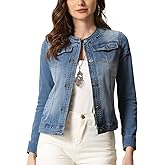 Unifizz Women's Jean Jacket Collarless Round Neck 2025 Button Down Long Sleeve Stretchy Denim Jackets